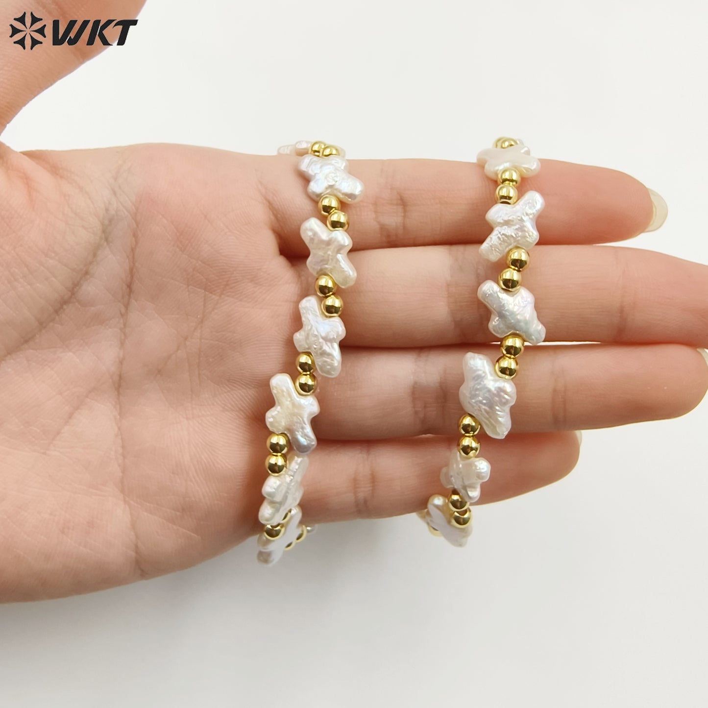MPB101 Wholesale Handmade White Natural Freshwater Pearl Cross Flexible Beads Bracelets Women Birthday Gift