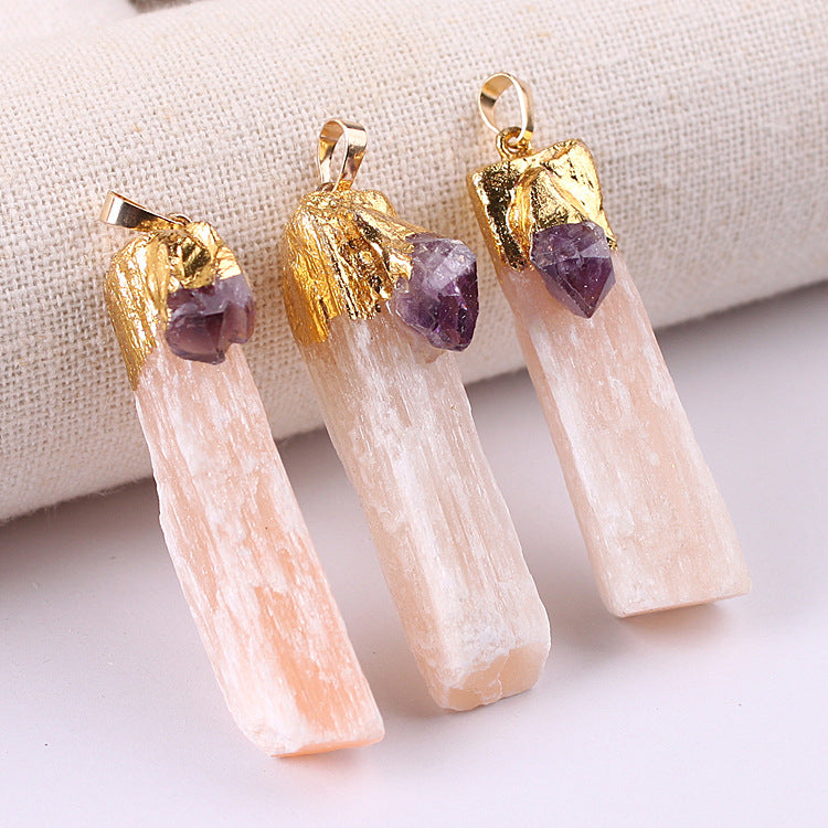 WT-P1908 New Material Natural pink Selenite Pendant with Charms Decorative Gold Plated on Top Long Jewelry Stone Pendant