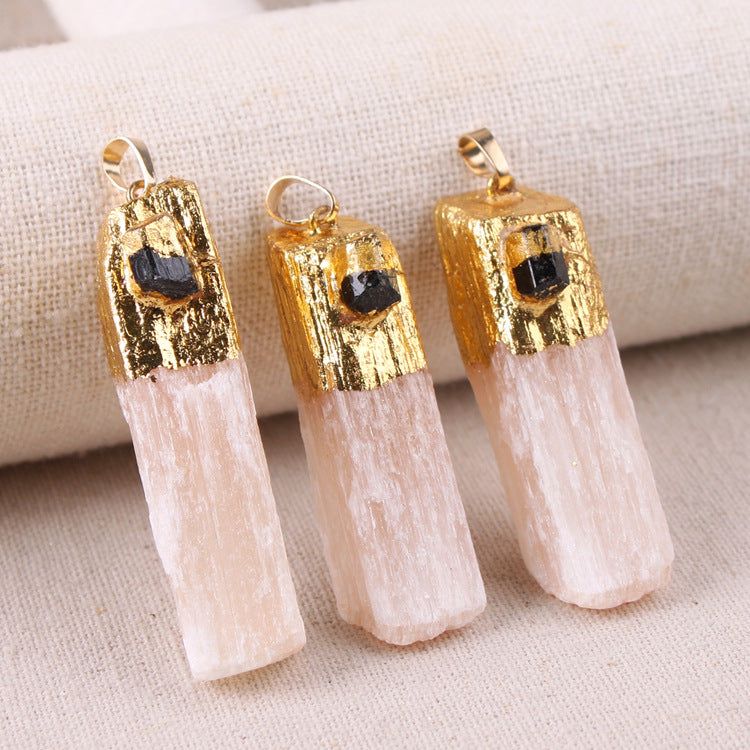 WT-P1908 New Material Natural pink Selenite Pendant with Charms Decorative Gold Plated on Top Long Jewelry Stone Pendant