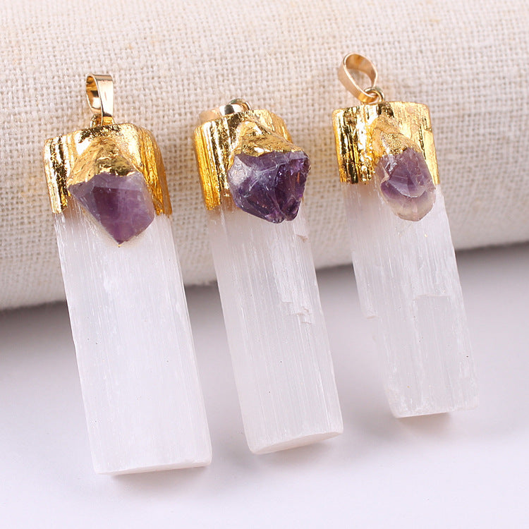 WT-P1908 New Material Natural pink Selenite Pendant with Charms Decorative Gold Plated on Top Long Jewelry Stone Pendant