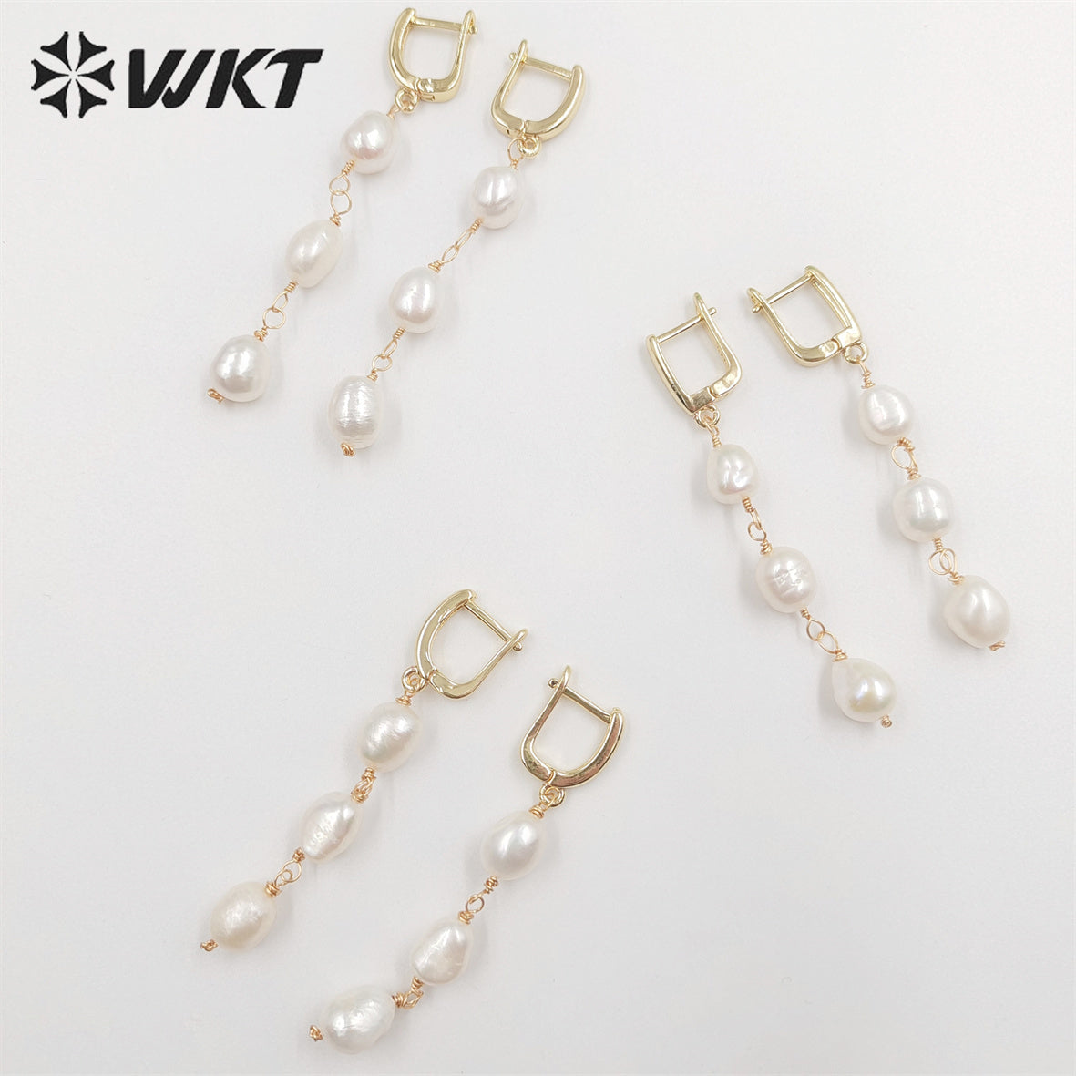 WT-MPE078 New Elegant Triple Freshwater Pearl Beads Make Clasp Earrings Fashion Gold Dangling Wire Wrapped Real Pearl Earrings