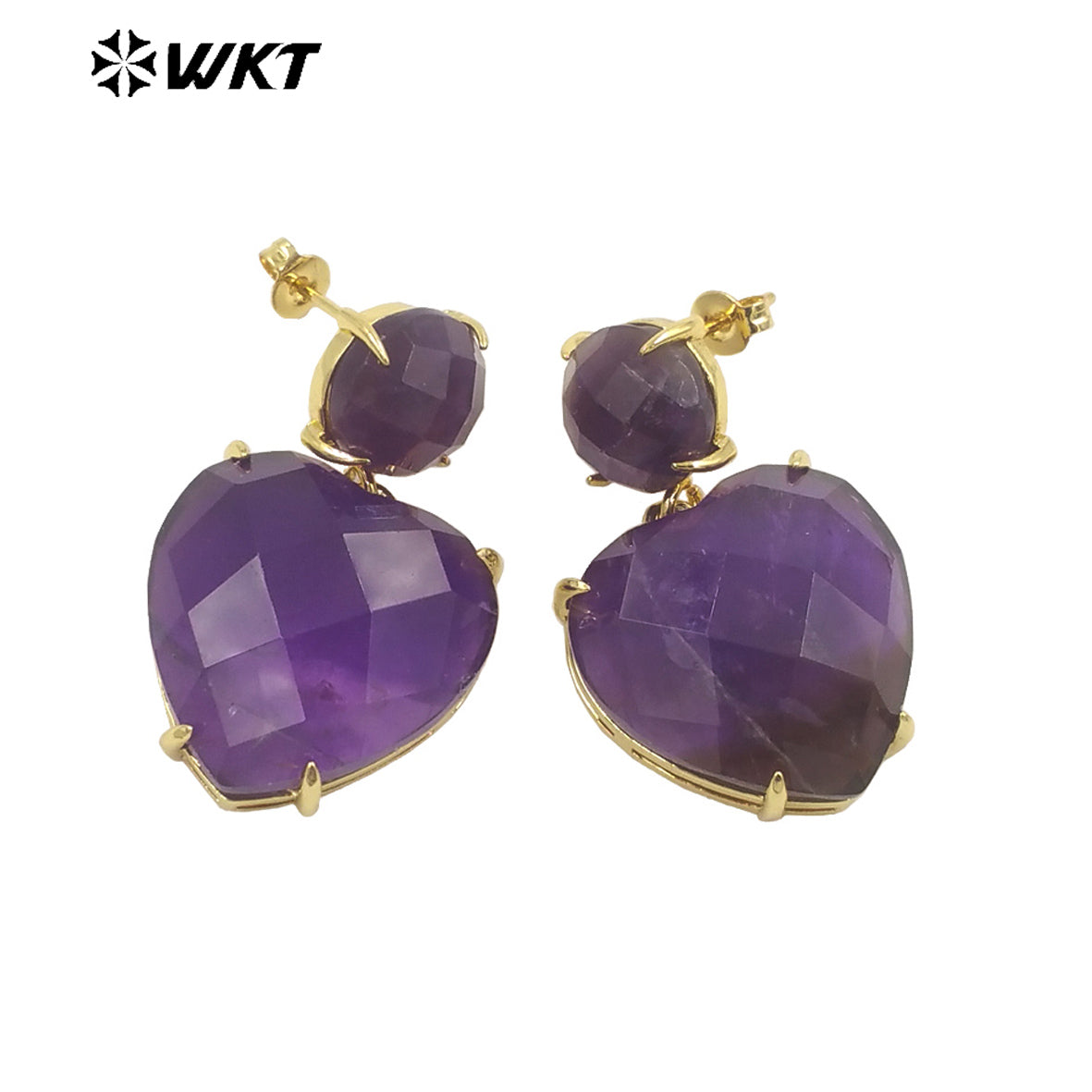 WT-E719 First Choice Hot Natural Gemstone Carved Heart Earrings for Lovers 18k Gold Plated Lapis Amethyst Stone Anniversary Stud