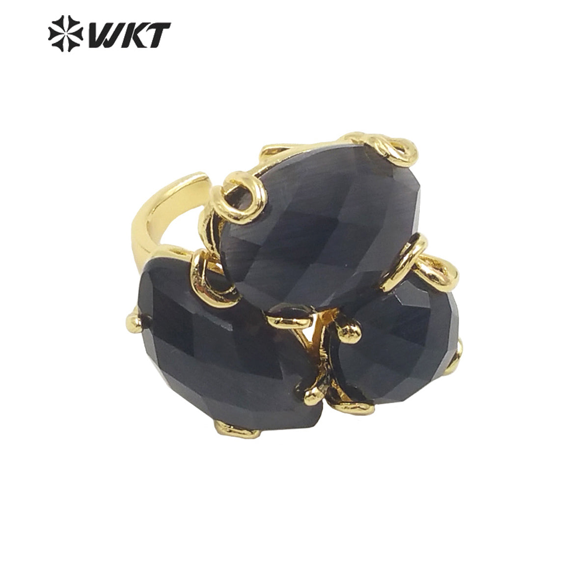 WT-R420 Europe Court style colorful Cat Eye stone Ring 18k real gold plated triple stone Flower Ring with Prong setting