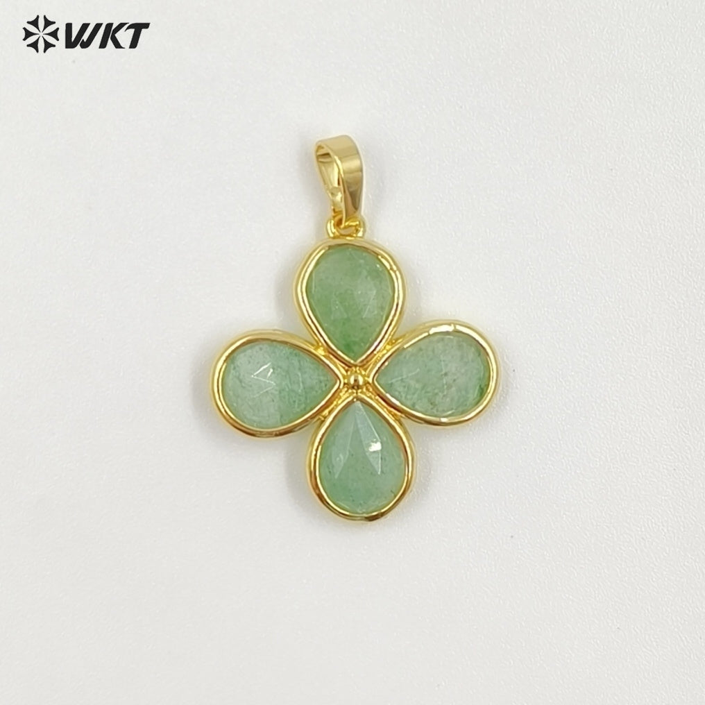 WT-P2031 Romantic Lovely Gold Plated Lucky Four Leaves Clover Flowers Shape Natural Gemstone Pendants For Ladies Necklace DIY