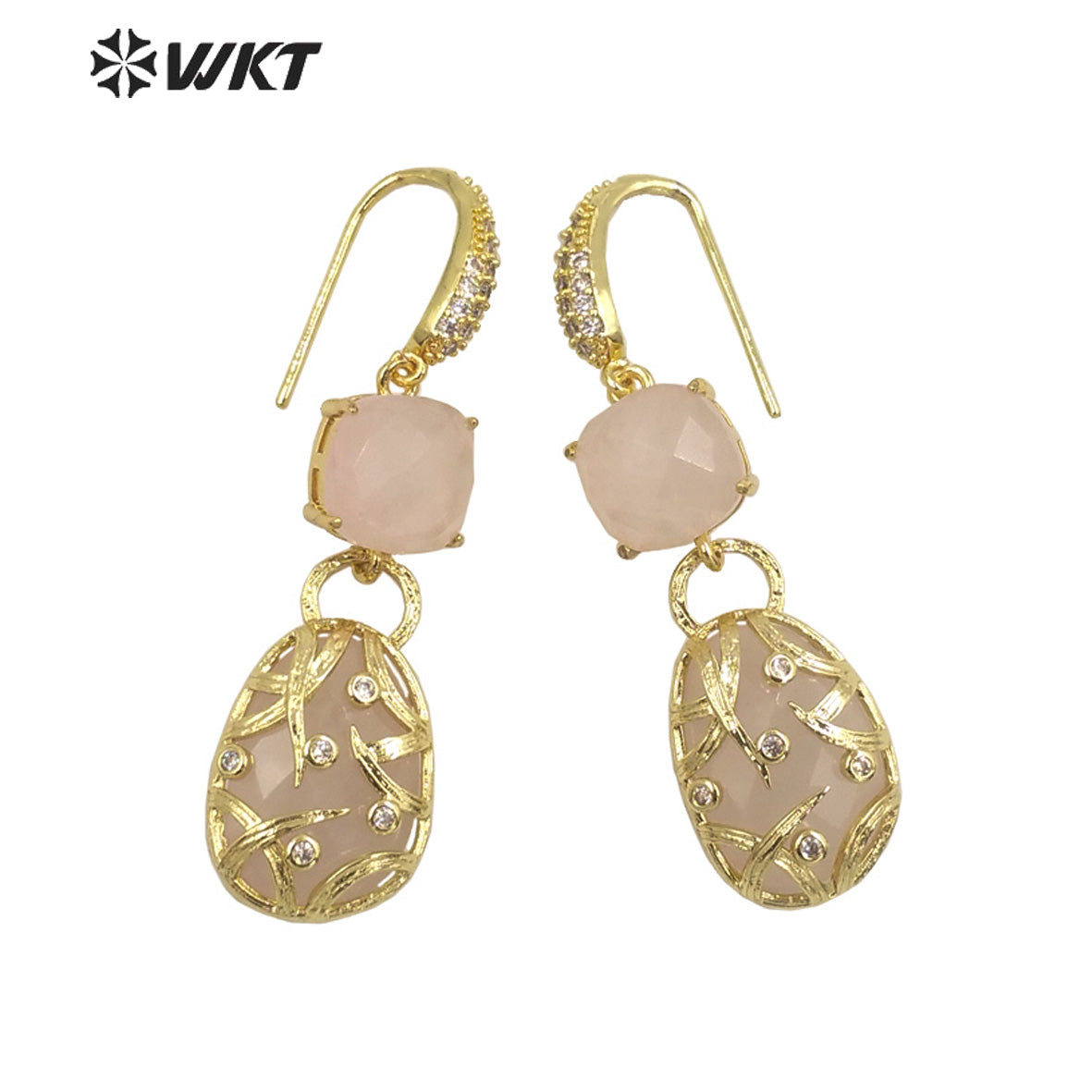 WT-E691 Fashion Double Stone Handmade Claw Setting Bezel Earrings Women Delicate Long Hoop Amethyst Stone Earrings