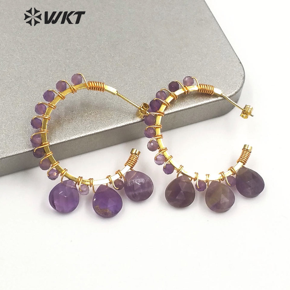WT-E694 Wholesale Fashion Gold Plated C Shape Wire Wrapped Stone Earrings Attractive Teardrop Stone Crescent Moon Earrings