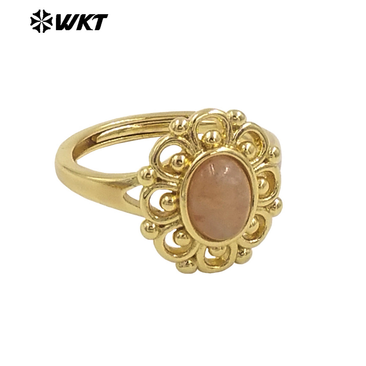 WT-R537 Wholesale Fashion 18K Real Gold Plated Round Hollow Flower Shape Design Natural Stone Ring for Women
