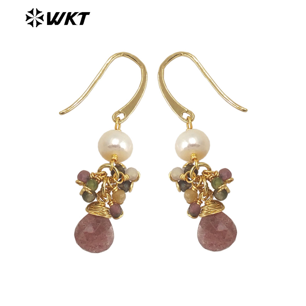 WT-E722 WKT Exclusive Design Handmade Precious Tiny Stone Charm Earrings Attractive Long Dangle Birthday Stone Earrings