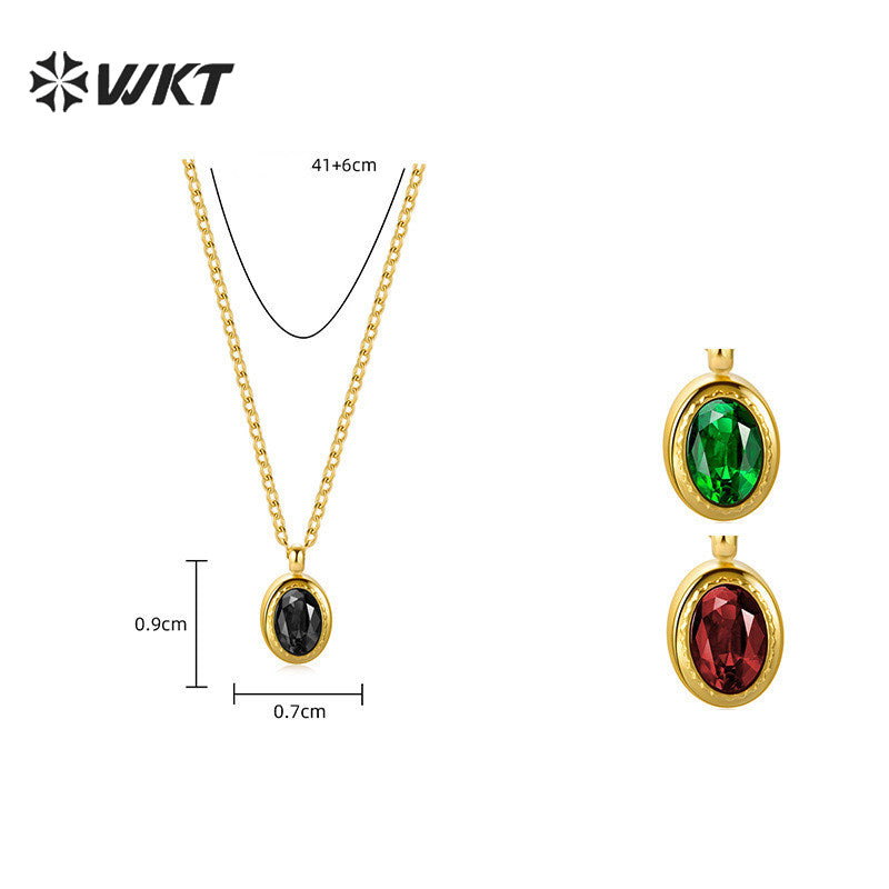 WT-REN034 Emerald Zirconium Pendant Necklace Oval Geometric French Black Zirconium Clavicle Chain Stainless Steel Necklace