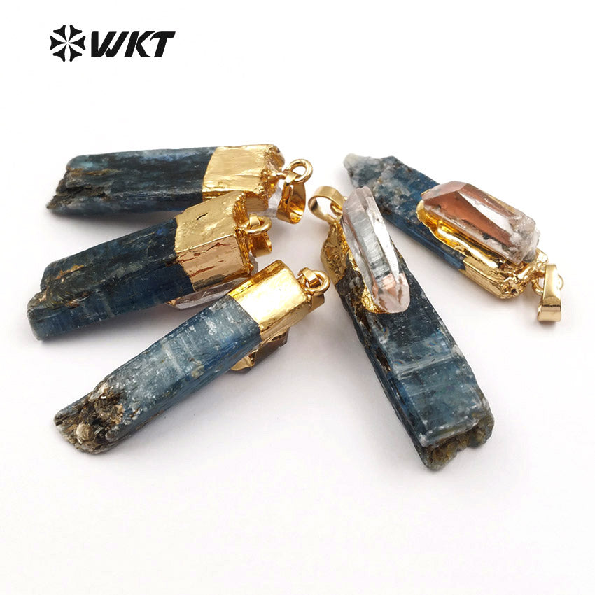 WT-P1390 Wholesale Special Fashion Design Custom Blue Kyanite with 18K Metal Electroplated Selenite for Jewelry Quartz Charm