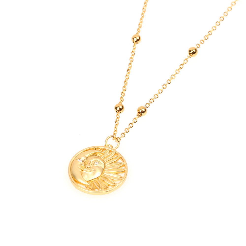 WT-MN962 Exclusive Design Sun Moon Necklace Stylish Jewelry Matte Gold Electroplated Brass Charm Necklace Zircon Necklace