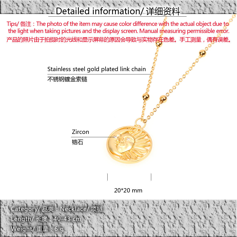 WT-MN962 Exclusive Design Sun Moon Necklace Stylish Jewelry Matte Gold Electroplated Brass Charm Necklace Zircon Necklace