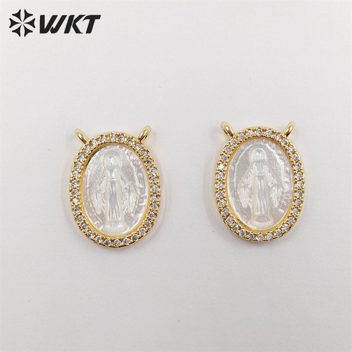 WT-JP329 Newest Lovely Micropaved Cubic Zircon Shell Miraculous Medal Pendant MOP Double Loops Religious Guadalupe Pendant