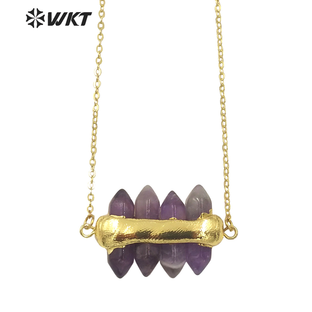 WT-N1460 WKT NEW Design Double Gemstone Point Rose Quartz Amethyst Energy Lucky Stone Necklace Many Colors Available