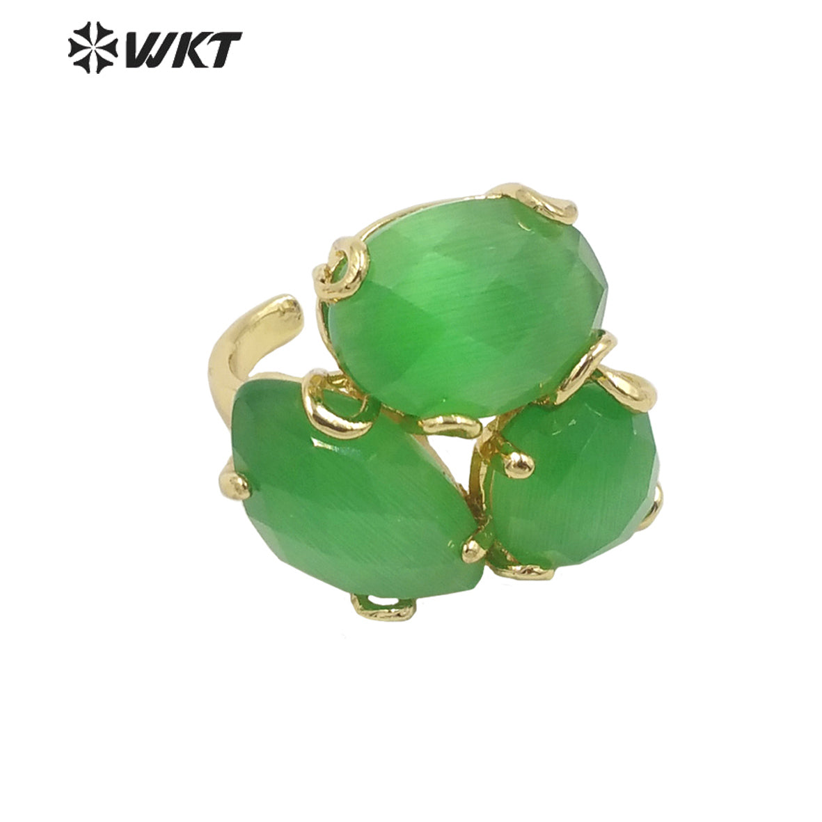 WT-R420 Europe Court style colorful Cat Eye stone Ring 18k real gold plated triple stone Flower Ring with Prong setting