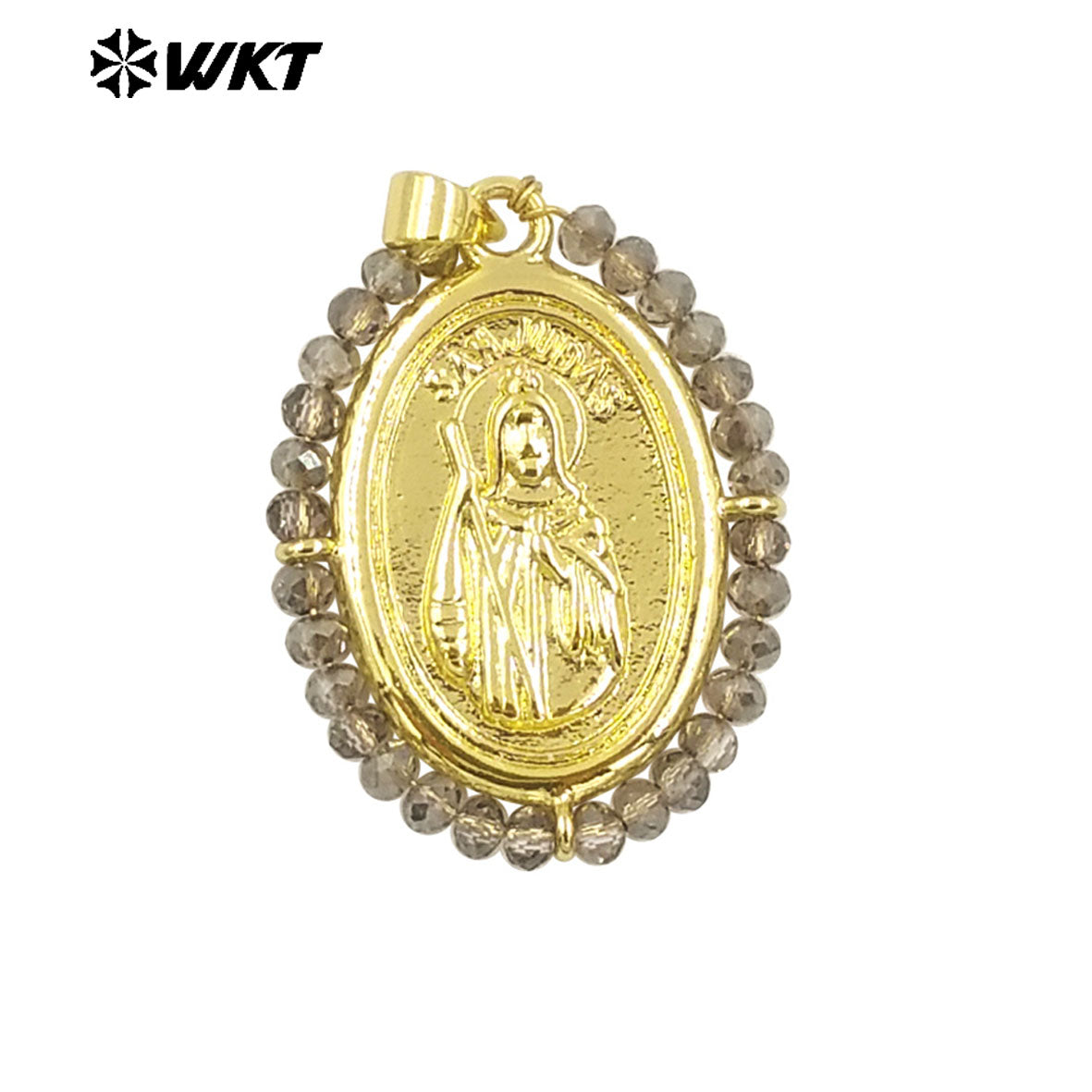 WT-MN989 Women Handmade Crystal Wire Wrapped Oval Shape 18K Gold Plated Miraculous Medal Necklace for Spring