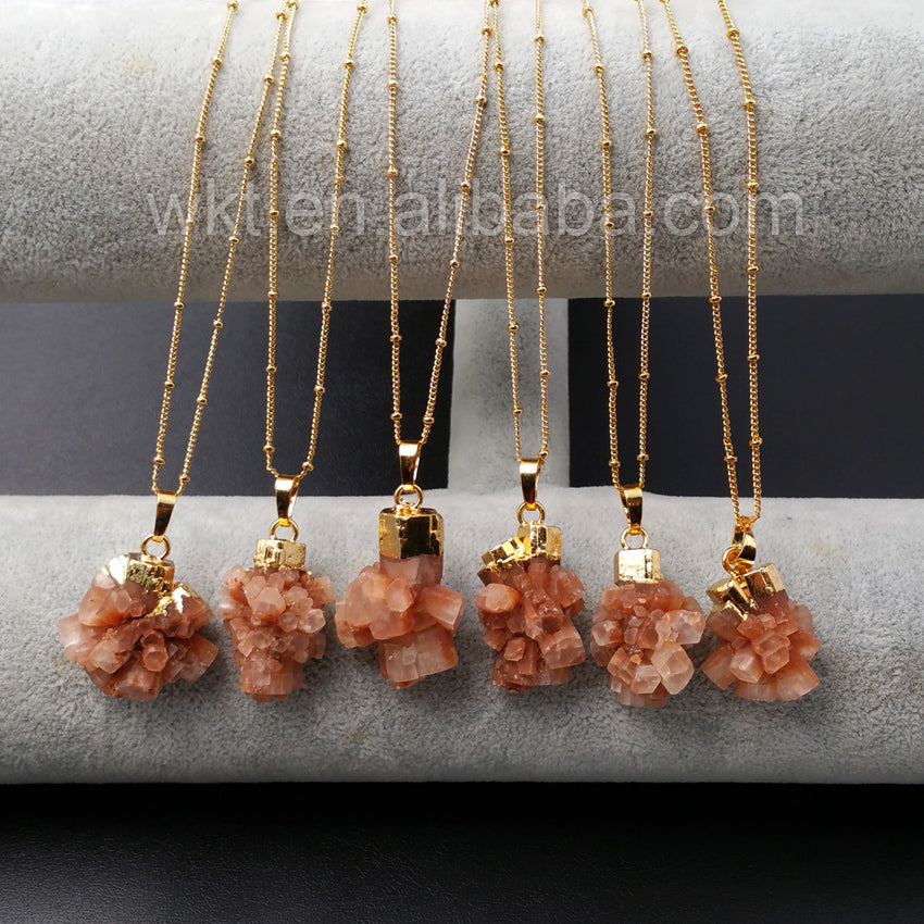 WT-N911 Handmade Natural Brown Aragonite Pendant Necklace , Gold Plated Cap Charm Aragonite Pendant Necklace for Women