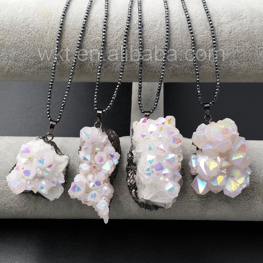 WT-N913 Fashion Chic Angel Aura Quartz Necklace, Handmade Black Hematite Bead Angel Aura Quartz Necklace for Women