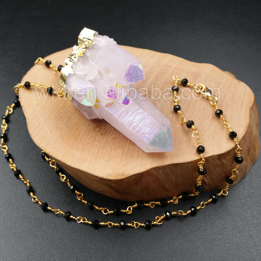 WT-N893 Hot Sale Healing Angel Aura Spirit Quartz Jewelry in 24k Real Gold Plated with Black Beads Rosary Chain Pendant Necklace