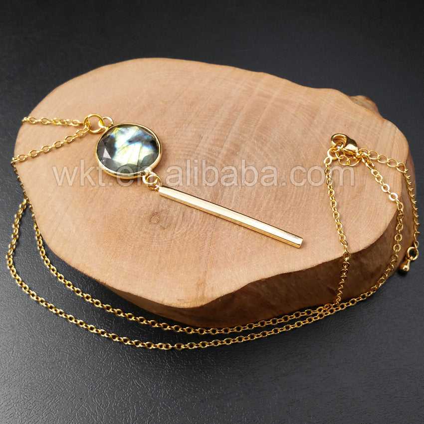 WT-N918 Wholesale Fashion Labradorite With Long Gold Bar Necklace Amazing Design 24K Real Gold Plated Labradorite Necklace