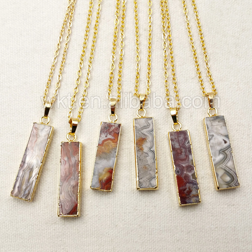 WT-N896 Unique Mexican Agate Stone Pendant Necklace with 18" Chain in 24k Real Gold Electroplated in High Quality