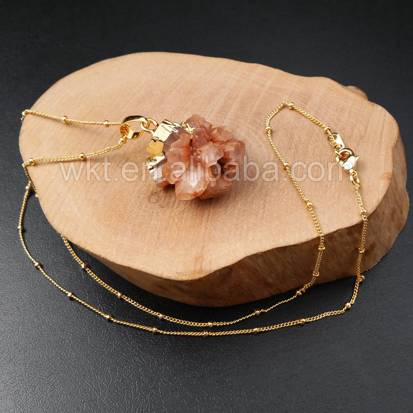 WT-N911 Handmade Natural Brown Aragonite Pendant Necklace , Gold Plated Cap Charm Aragonite Pendant Necklace for Women