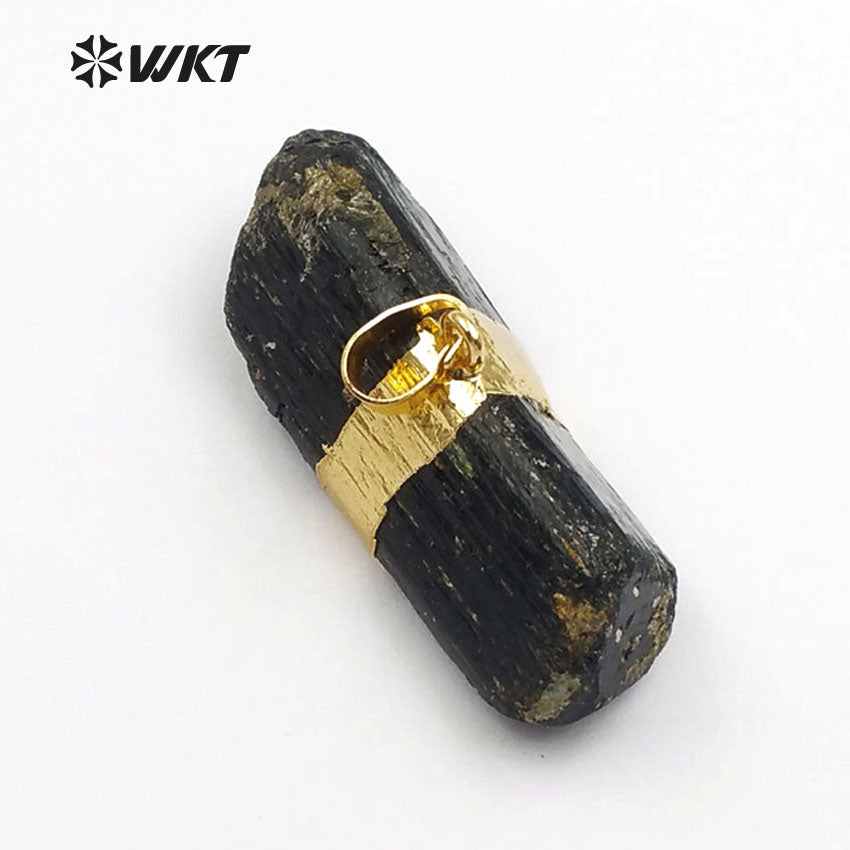WT-P315 NEW!Raw Black Tourmaline Pendant with 18k Gold Electroplated Elegant Women and Bail