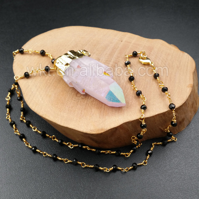 WT-N893 Hot Sale Healing Angel Aura Spirit Quartz Jewelry in 24k Real Gold Plated with Black Beads Rosary Chain Pendant Necklace