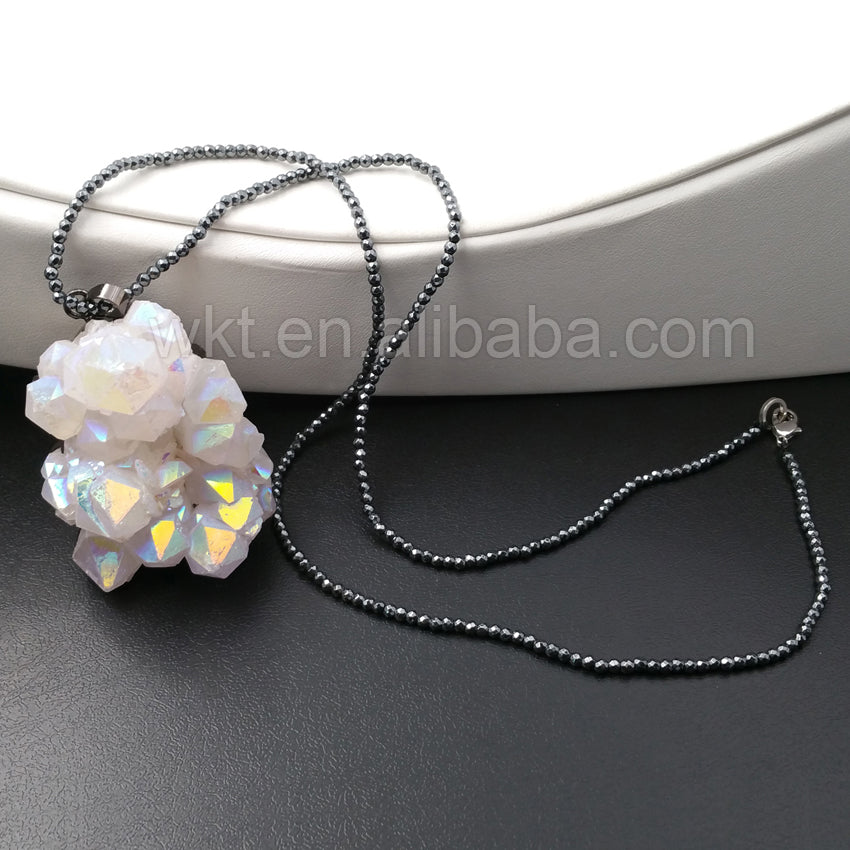 WT-N913 Fashion Chic Angel Aura Quartz Necklace, Handmade Black Hematite Bead Angel Aura Quartz Necklace for Women