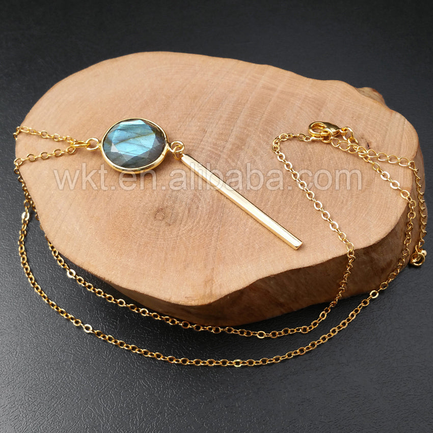 WT-N918 Wholesale Fashion Labradorite With Long Gold Bar Necklace Amazing Design 24K Real Gold Plated Labradorite Necklace