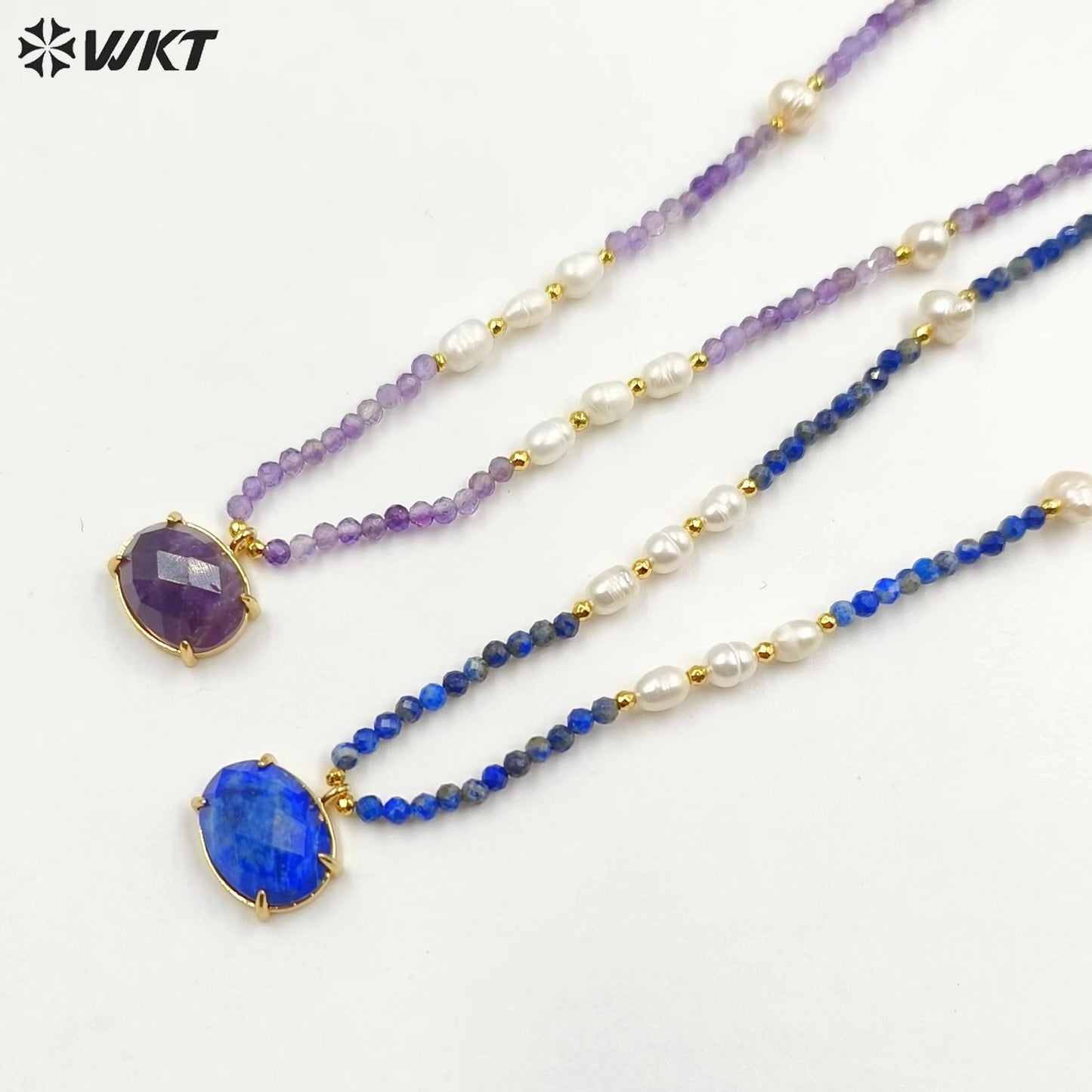 WT-N1445 WKT Best 2023 Newest Natural Gemstone and Pearl Women Simple Hoop Aura 16+2inch Stone Beads Necklace