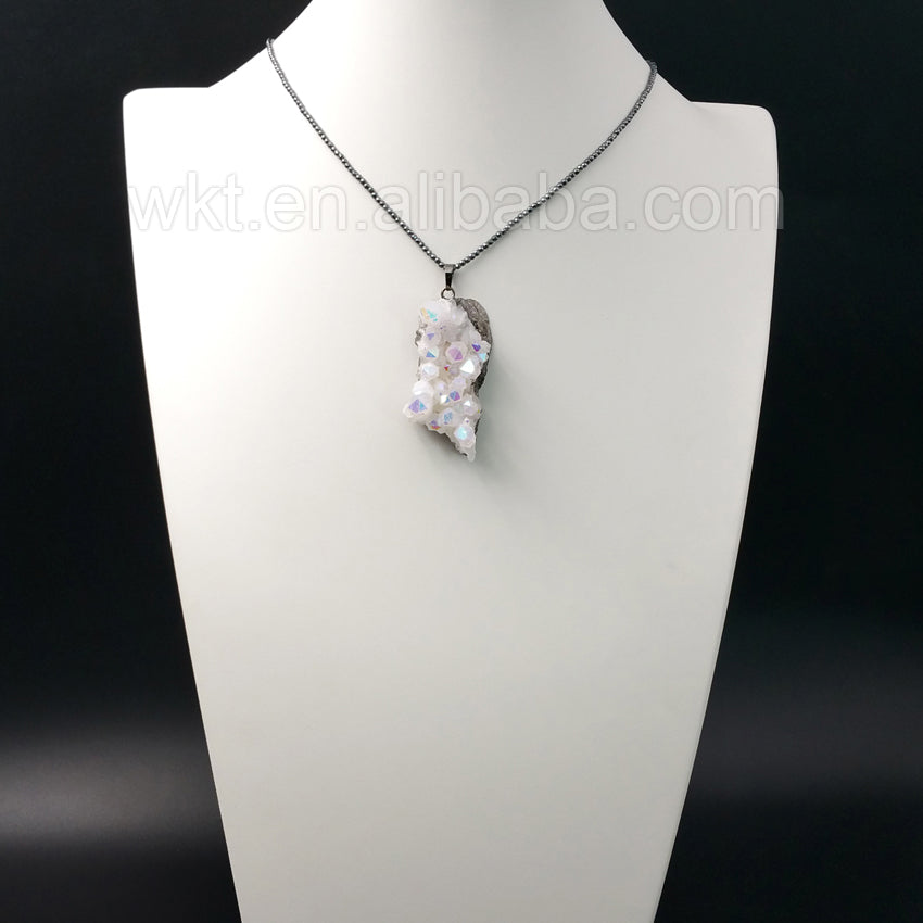WT-N913 Fashion Chic Angel Aura Quartz Necklace, Handmade Black Hematite Bead Angel Aura Quartz Necklace for Women