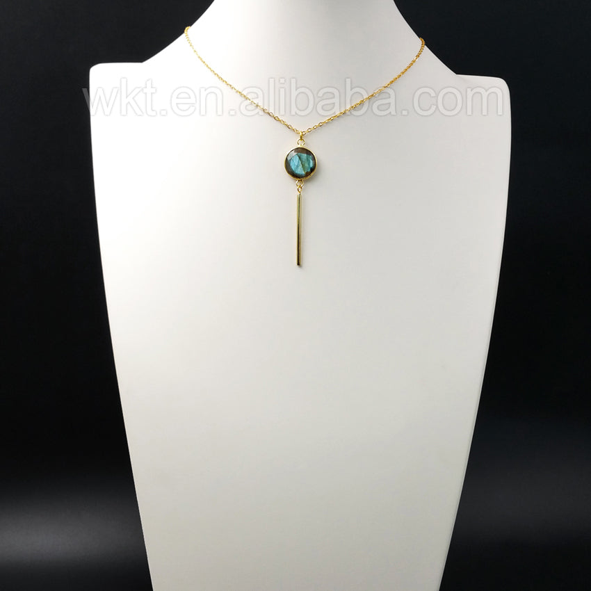 WT-N918 Wholesale Fashion Labradorite With Long Gold Bar Necklace Amazing Design 24K Real Gold Plated Labradorite Necklace