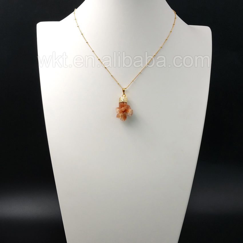 WT-N911 Handmade Natural Brown Aragonite Pendant Necklace , Gold Plated Cap Charm Aragonite Pendant Necklace for Women