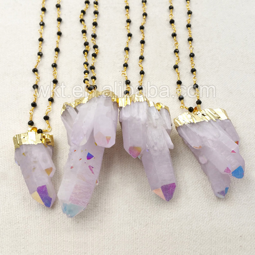 WT-N893 Hot Sale Healing Angel Aura Spirit Quartz Jewelry in 24k Real Gold Plated with Black Beads Rosary Chain Pendant Necklace