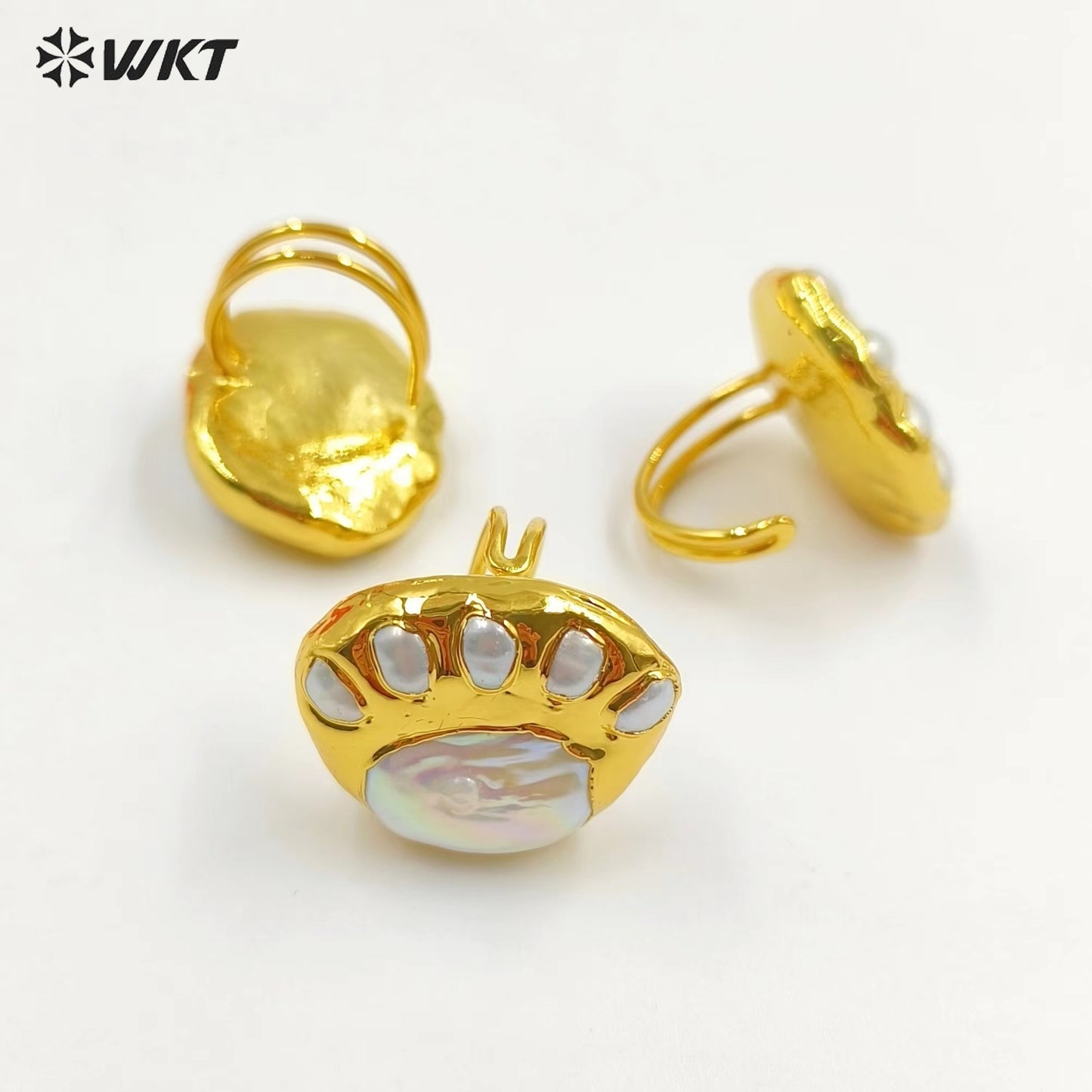 WT-MPR072 Unique Energy Gorgeous Freshwater Pearl Fan Shape Eye Lucky Women 18K Real Gold Plated Anneversary Ring