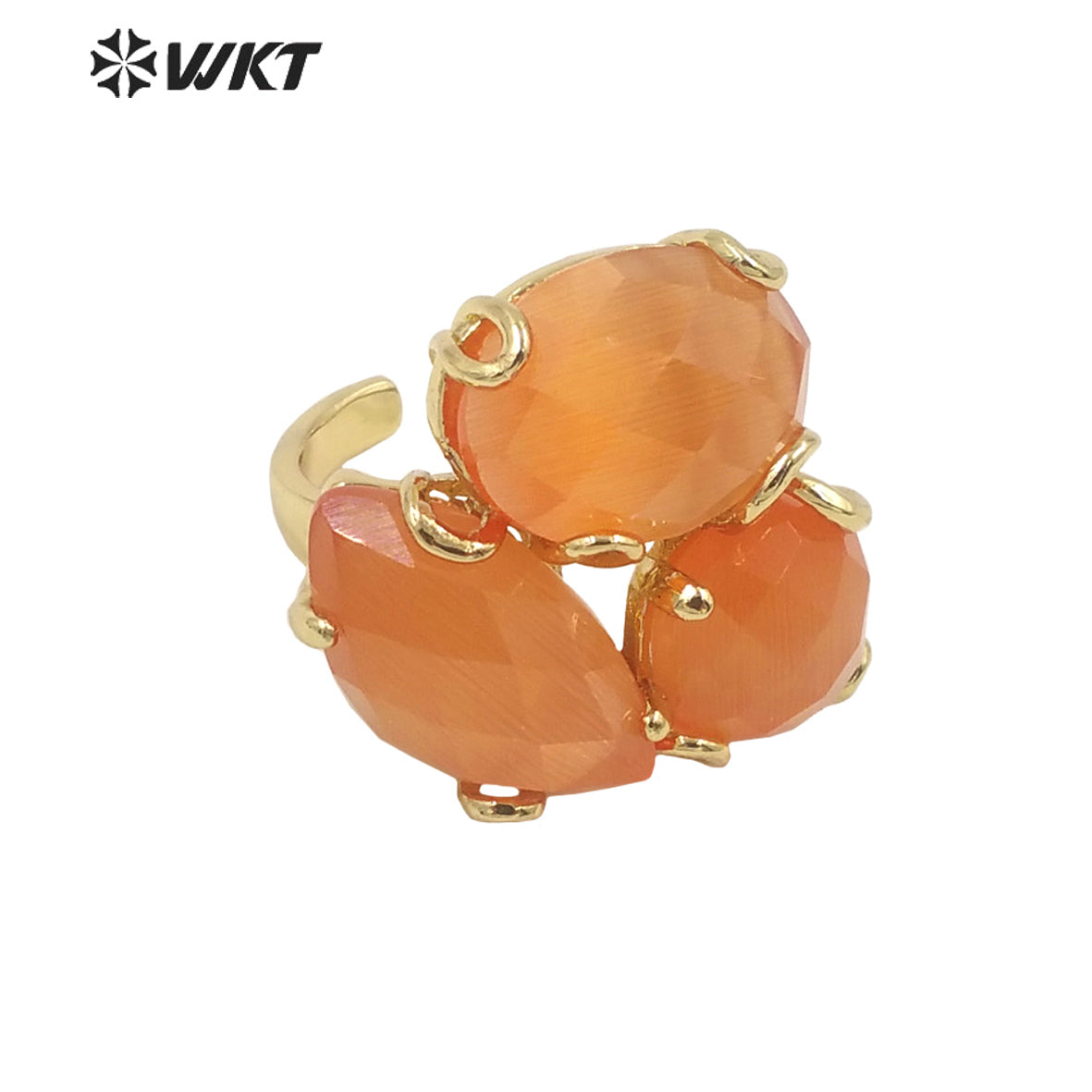WT-R420 Europe Court style colorful Cat Eye stone Ring 18k real gold plated triple stone Flower Ring with Prong setting