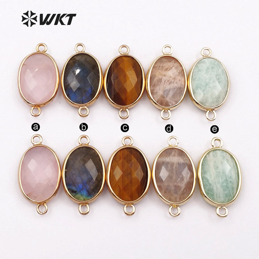 WT-C256 Women Fashion Jewelry Making Accessories Smoothly Natural Gemstone Connector Oval Shape Gold Trim Bezel Connector