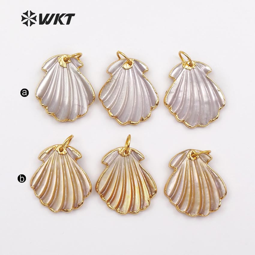 WT-JP056 Wholesale Dainty Jewelry Pendant Bohe Gift Natural Raw Sea Shell With Gold Bezel Wild Coast Scallop Shell Pendant