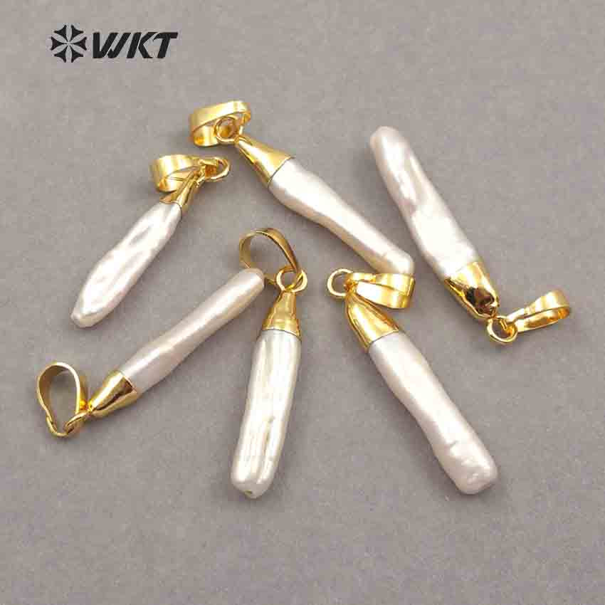 WT-P970 Wholesale Jewelry for Woman Making Charm Pearl with Gold Electroplated Stick Shape White Natural Pearl Pendant