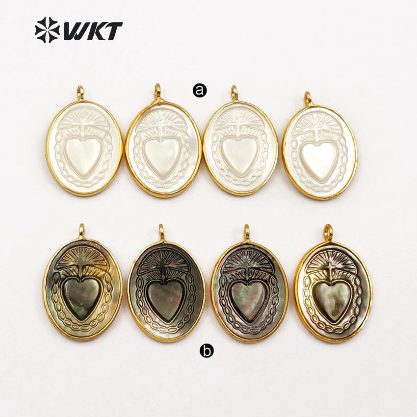 WT-JP055 Natural Shell With Mysterious Pattern Pendant for Women Necklace Making Oval Shape Gold Bezel Sea Shell Pendant