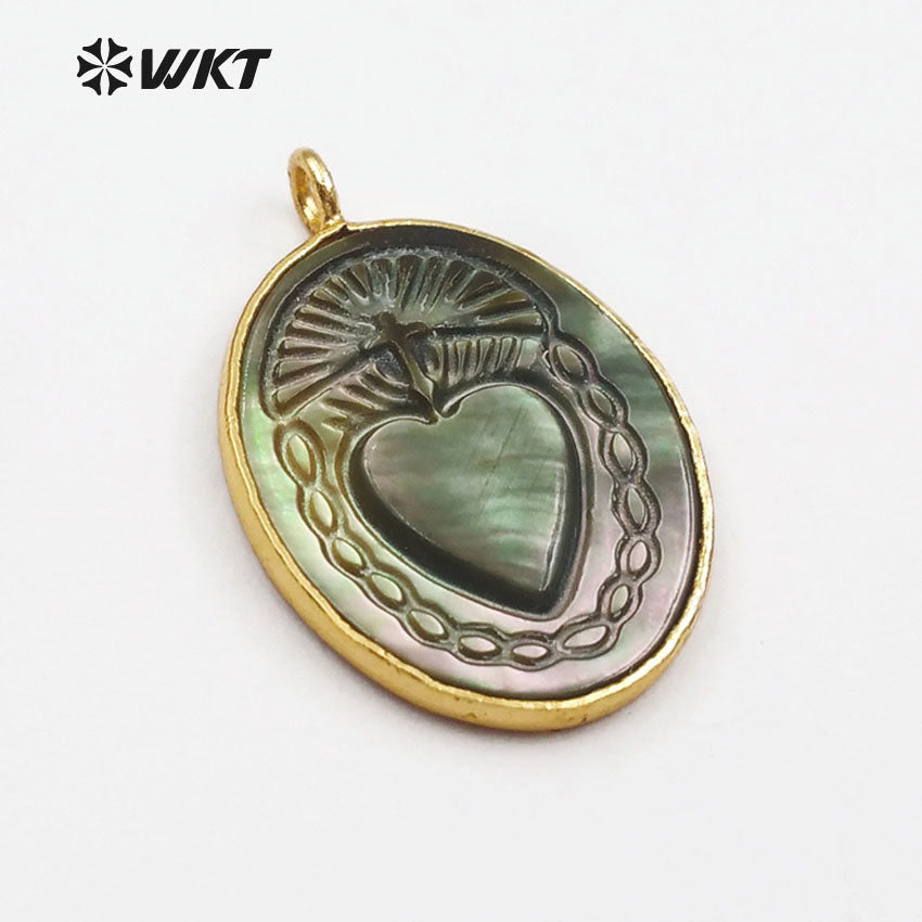 WT-JP055 Natural Shell With Mysterious Pattern Pendant for Women Necklace Making Oval Shape Gold Bezel Sea Shell Pendant