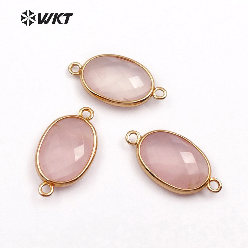WT-C256 Women Fashion Jewelry Making Accessories Smoothly Natural Gemstone Connector Oval Shape Gold Trim Bezel Connector