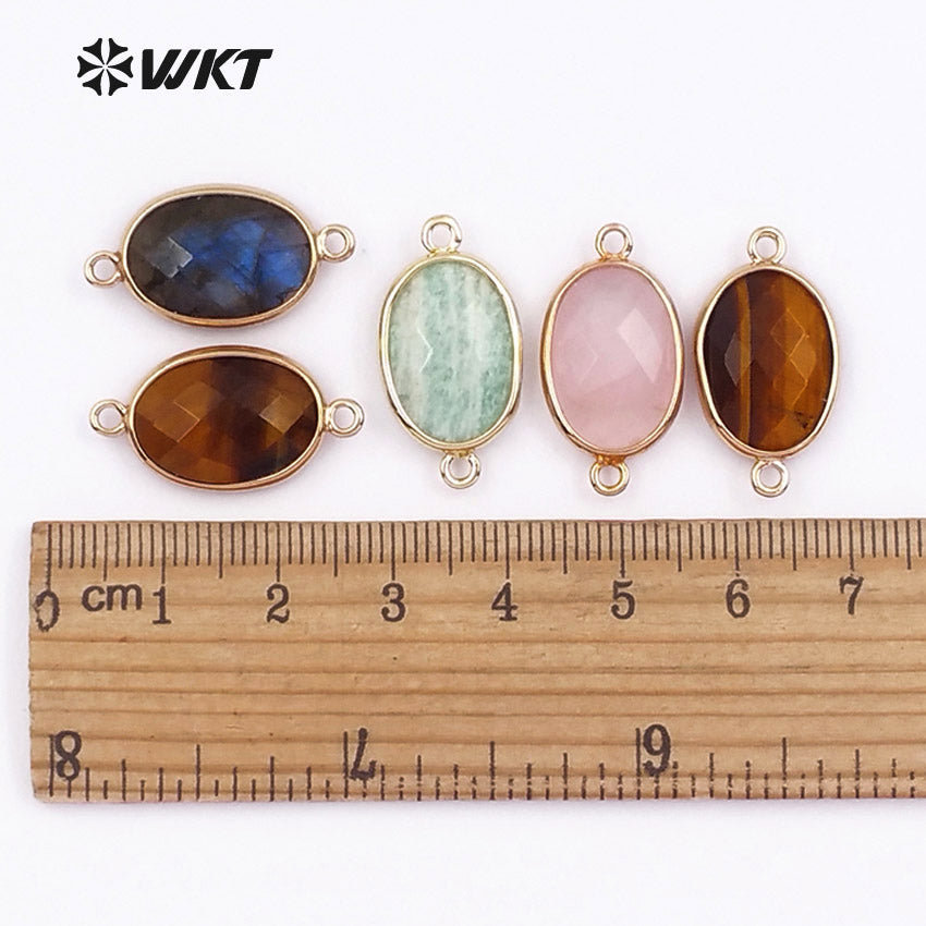 WT-C256 Women Fashion Jewelry Making Accessories Smoothly Natural Gemstone Connector Oval Shape Gold Trim Bezel Connector