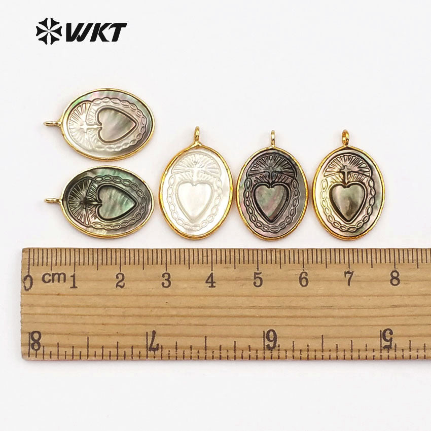 WT-JP055 Natural Shell With Mysterious Pattern Pendant for Women Necklace Making Oval Shape Gold Bezel Sea Shell Pendant