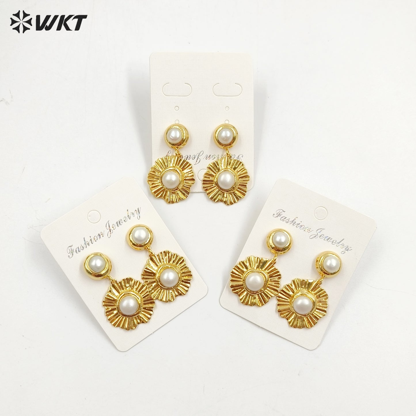 WT-MPE126 WKT New Design Elegant Women 18K Real Gold Plated Fashion Uneven Metal With Natural Pearl Dangle Earrings