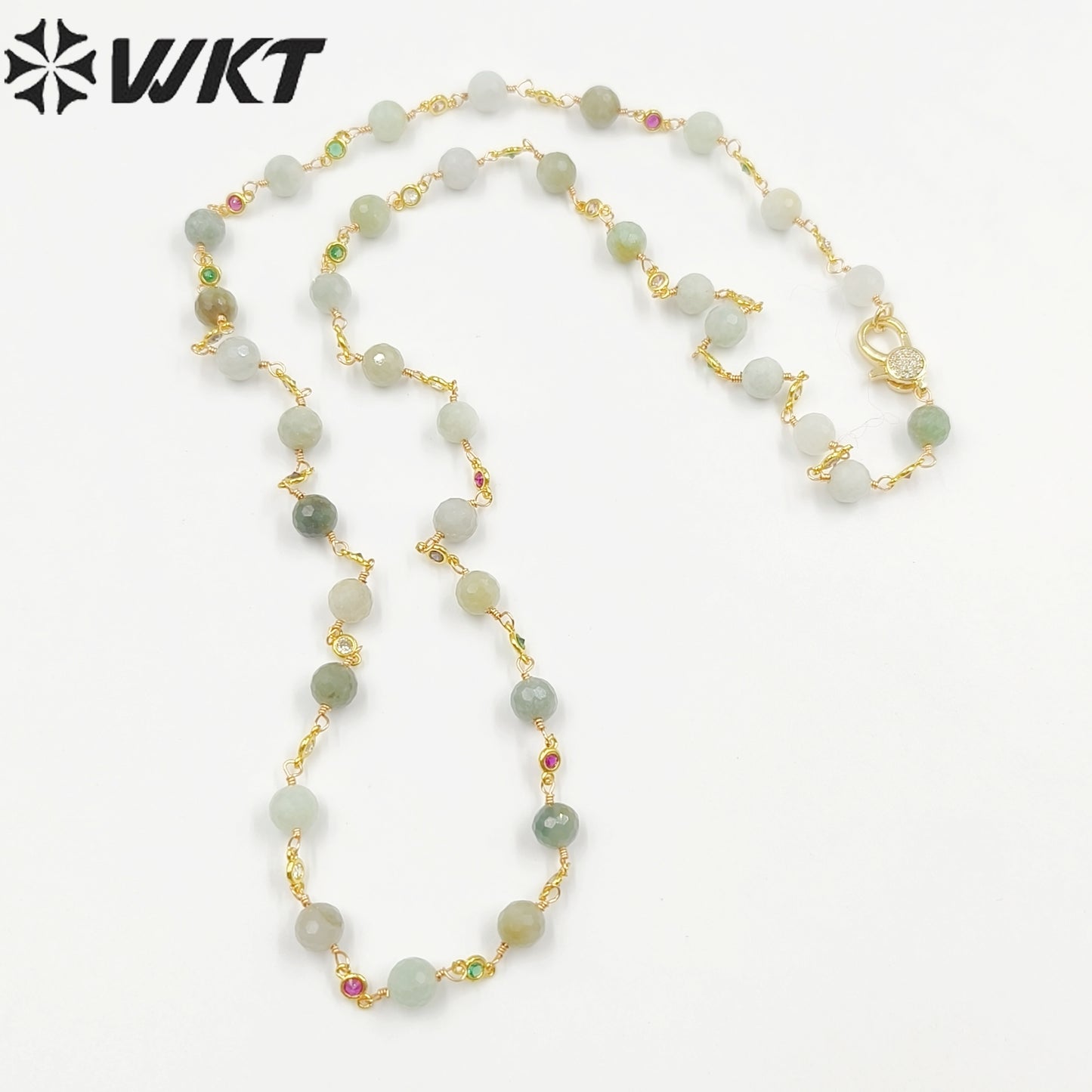 WT-N1432 16+2inch Extend Chain Rosary Gemstone Beads Charm 18k Yellow Gold Beads Necklace Gemstone Statement Necklace
