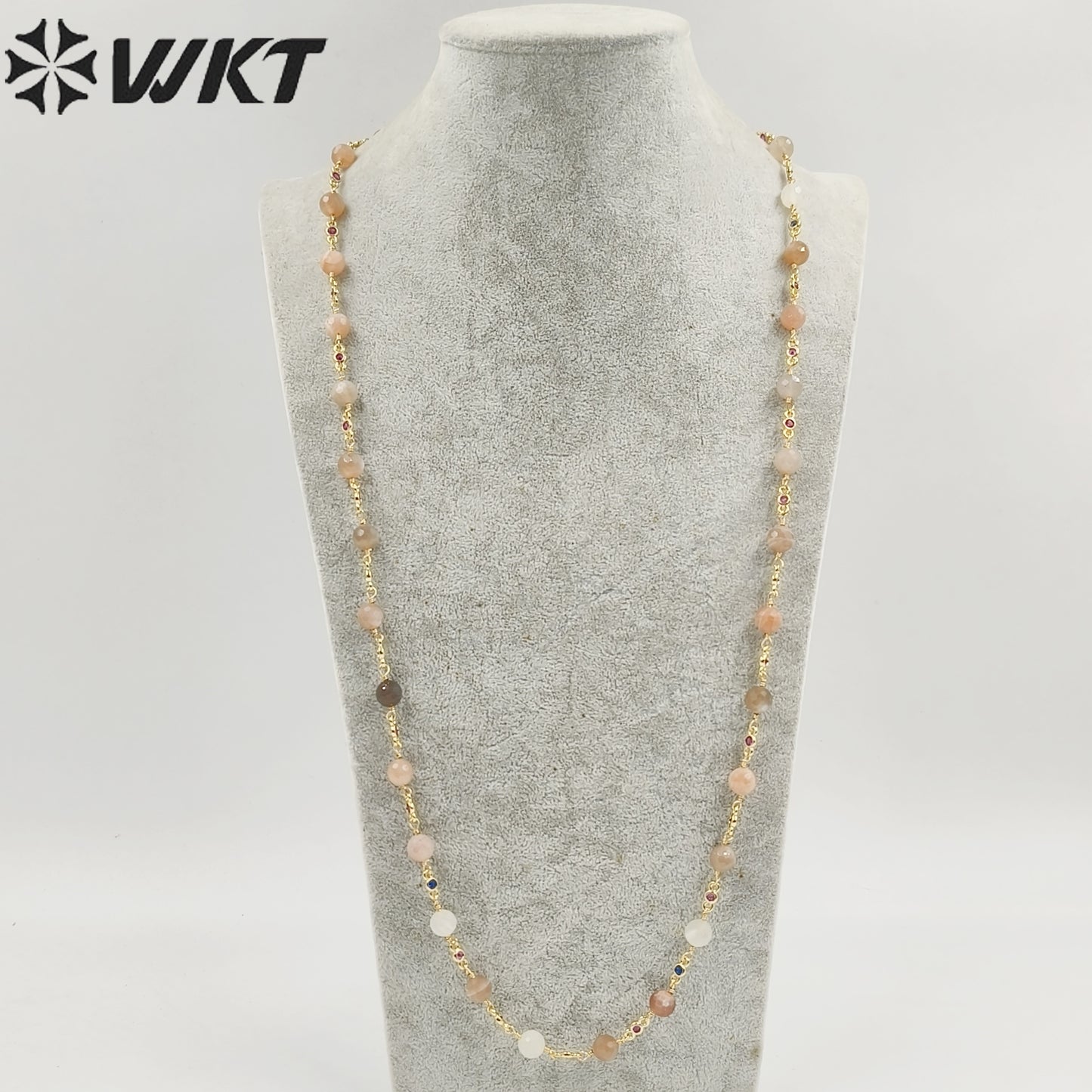 WT-N1432 16+2inch Extend Chain Rosary Gemstone Beads Charm 18k Yellow Gold Beads Necklace Gemstone Statement Necklace