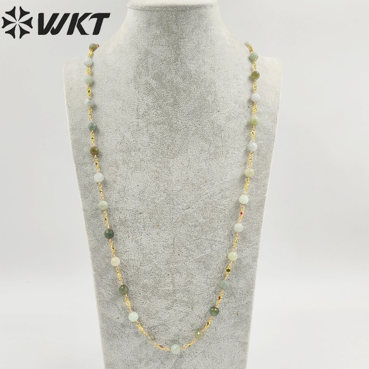 WT-N1432 16+2inch Extend Chain Rosary Gemstone Beads Charm 18k Yellow Gold Beads Necklace Gemstone Statement Necklace