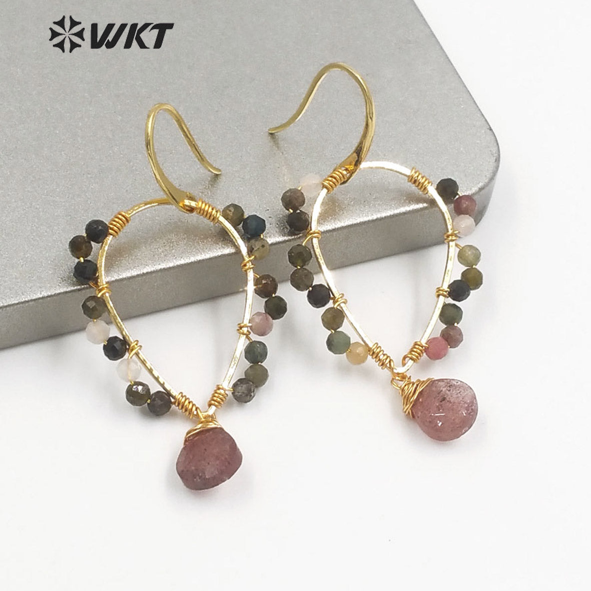 WT-E693 Amazing Wire Wrapped Natural Gemstone Drop Charming Earrings Unique Handmade Tiny Beads Earrings for Friend Gift